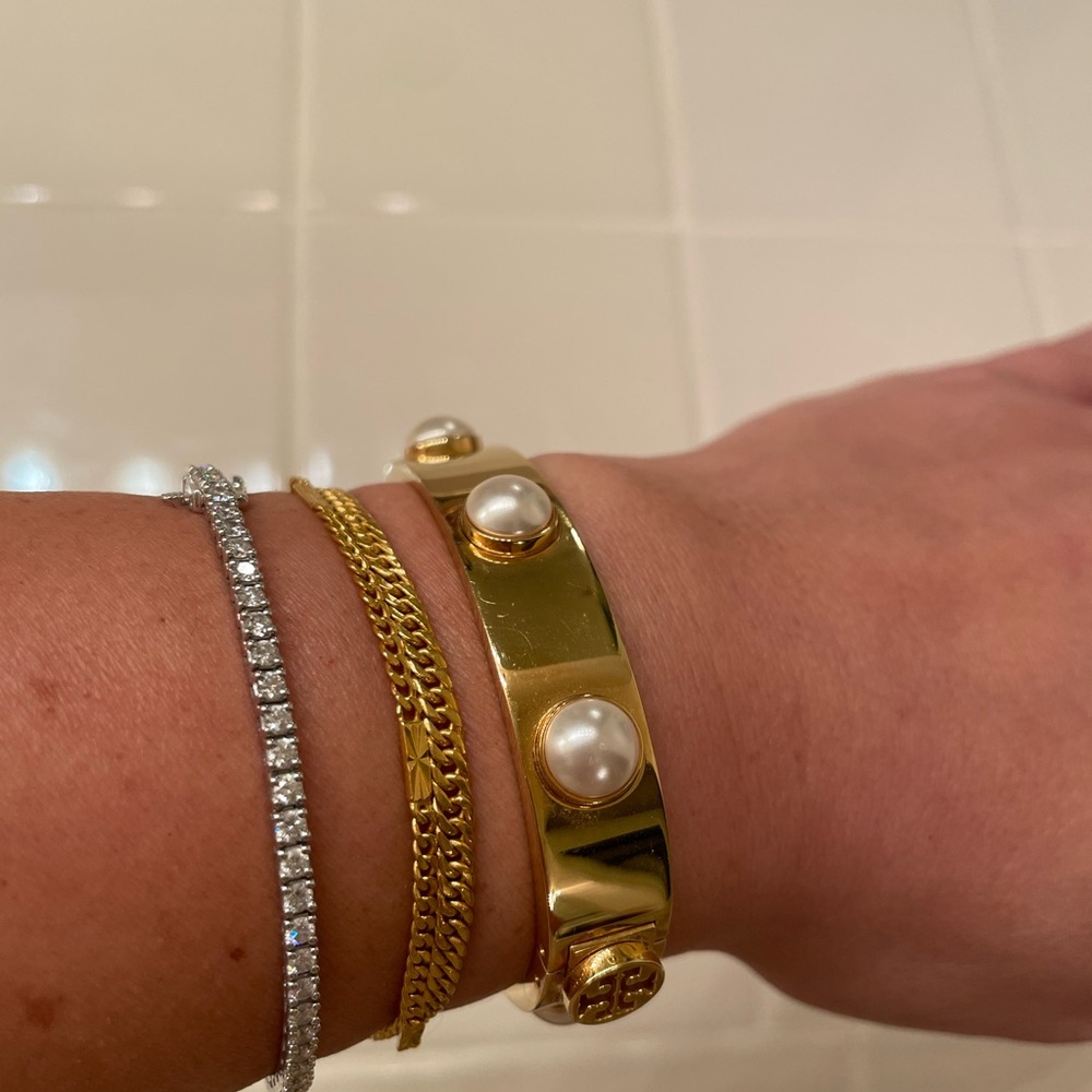 Elegant Gold Tory Burch Bangle with Pearls